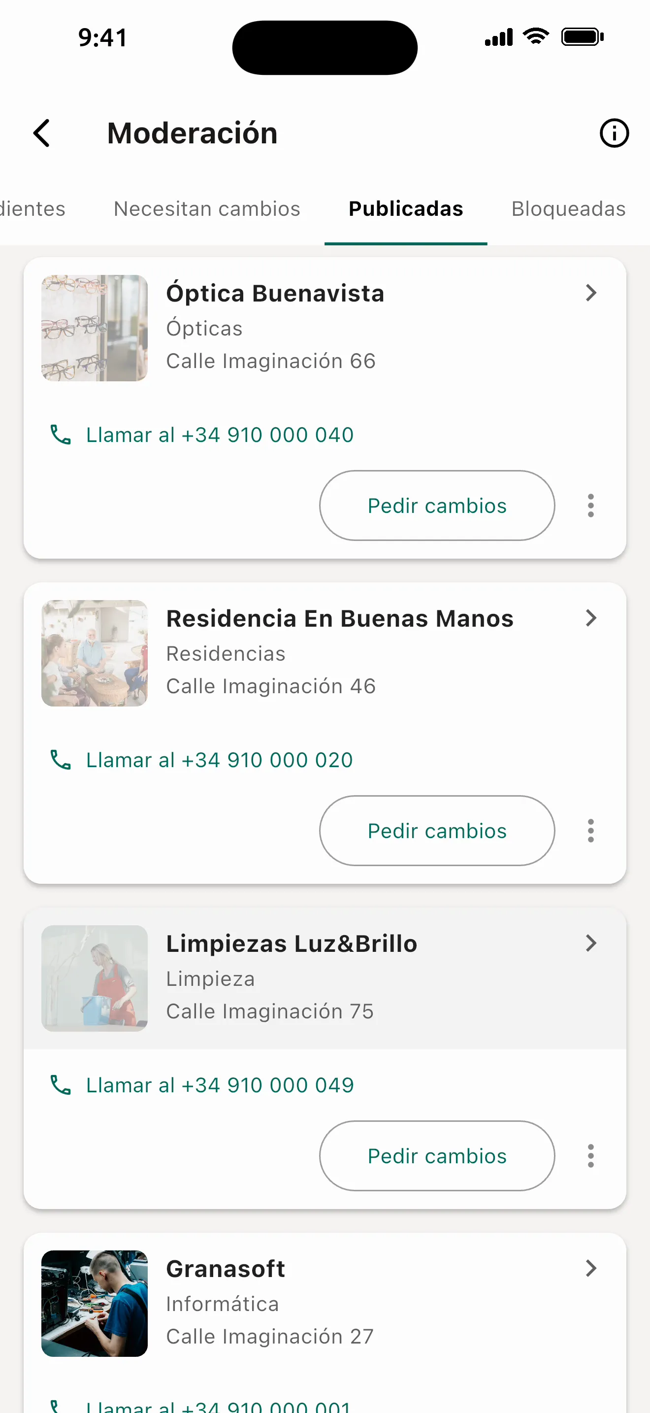 Moderación de fichas de comercio