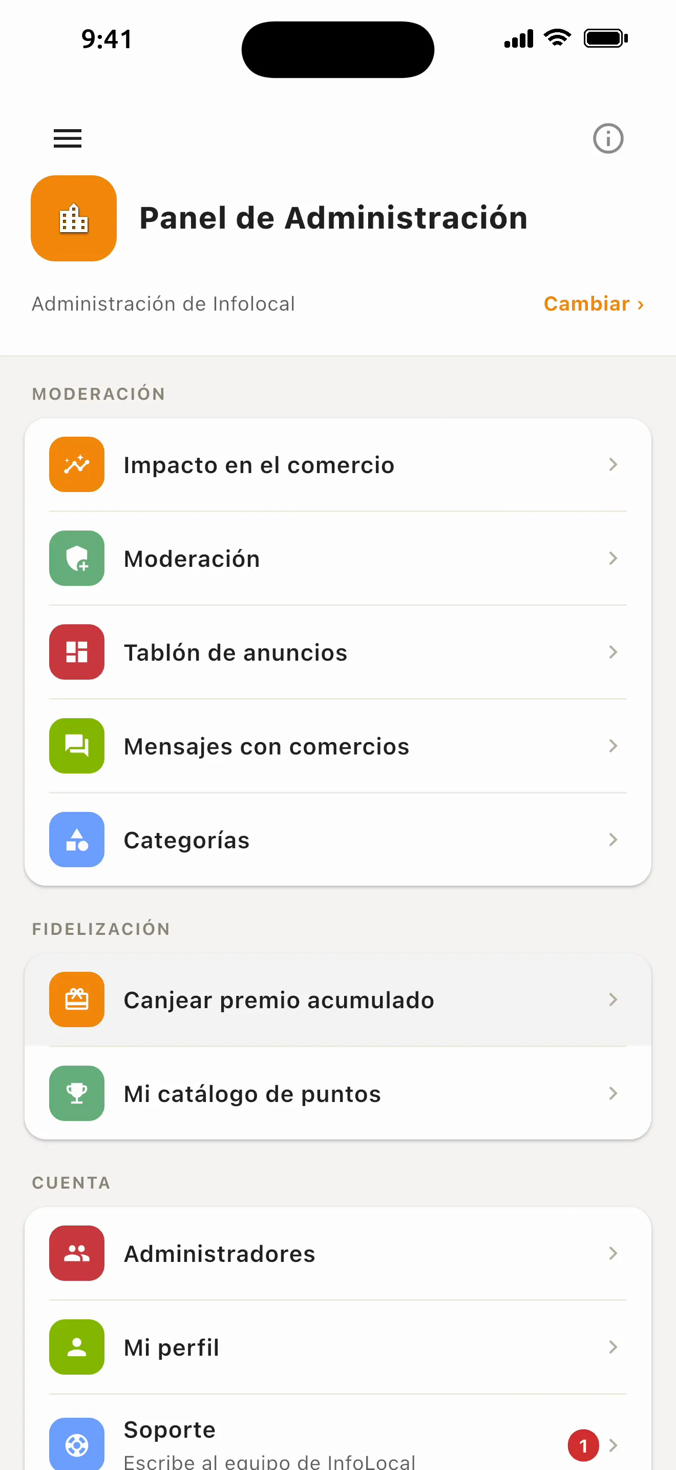 Panel de administración de la red