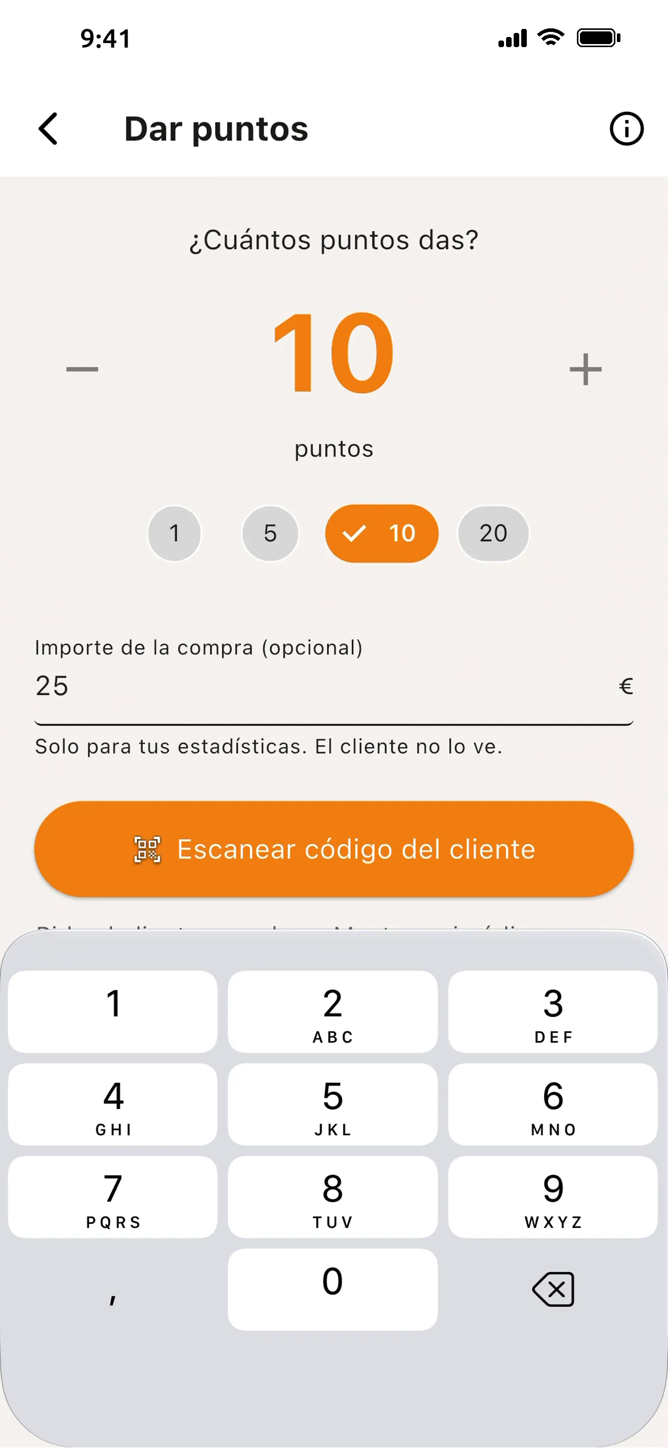Pantalla «Dar puntos» de un comercio