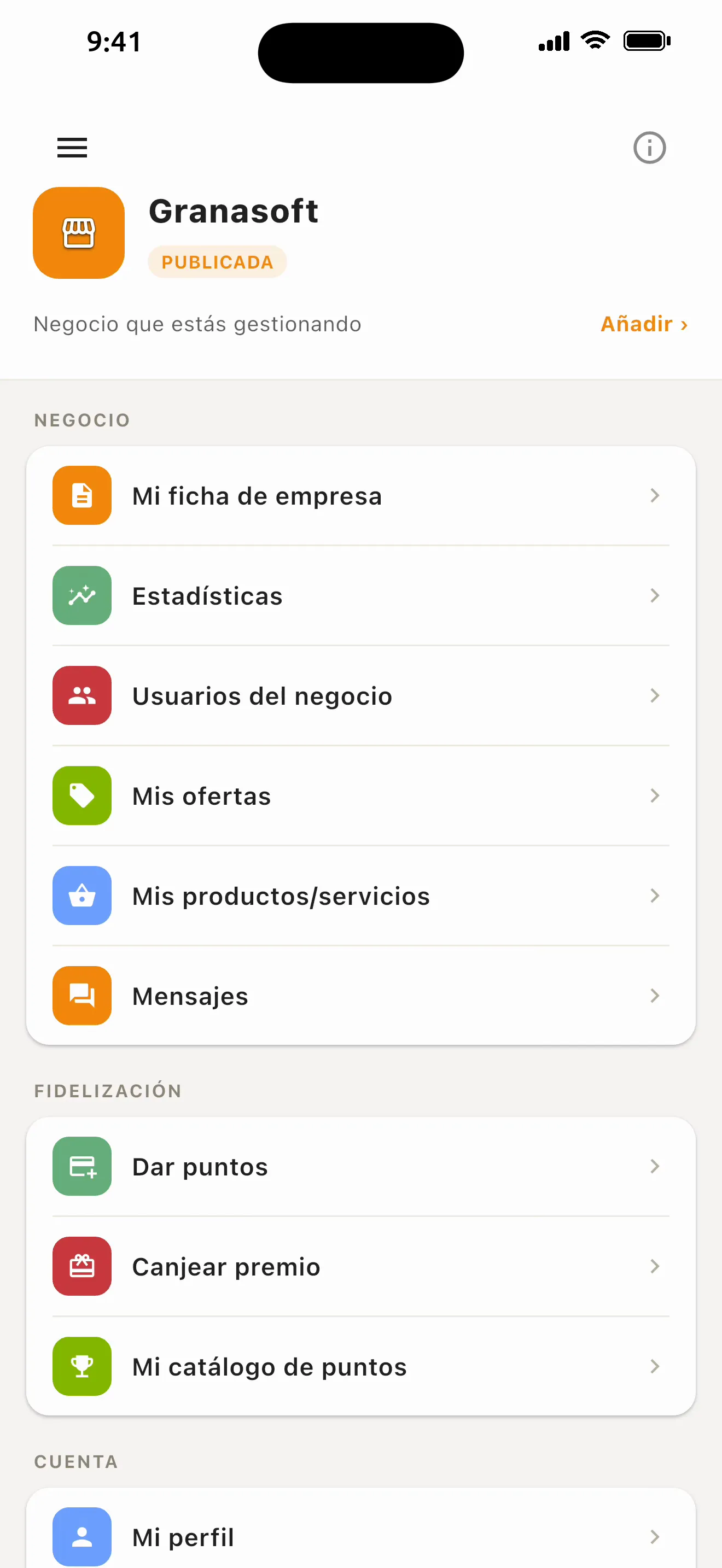 Pantalla «Mi Negocio» de un comercio
