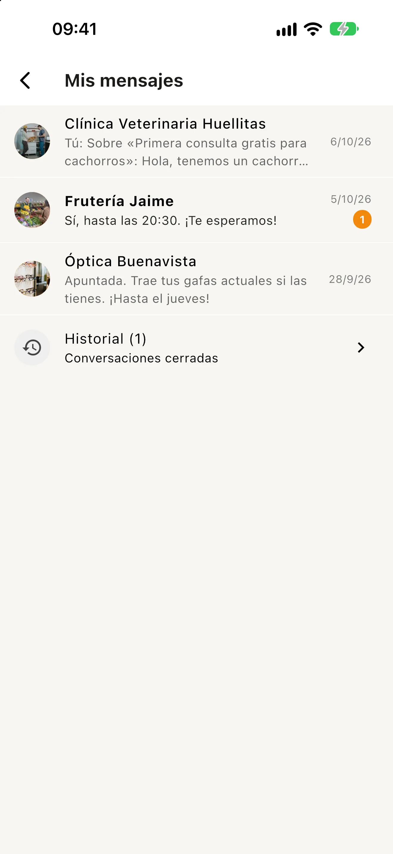 Mensajes entre un vecino y los comercios