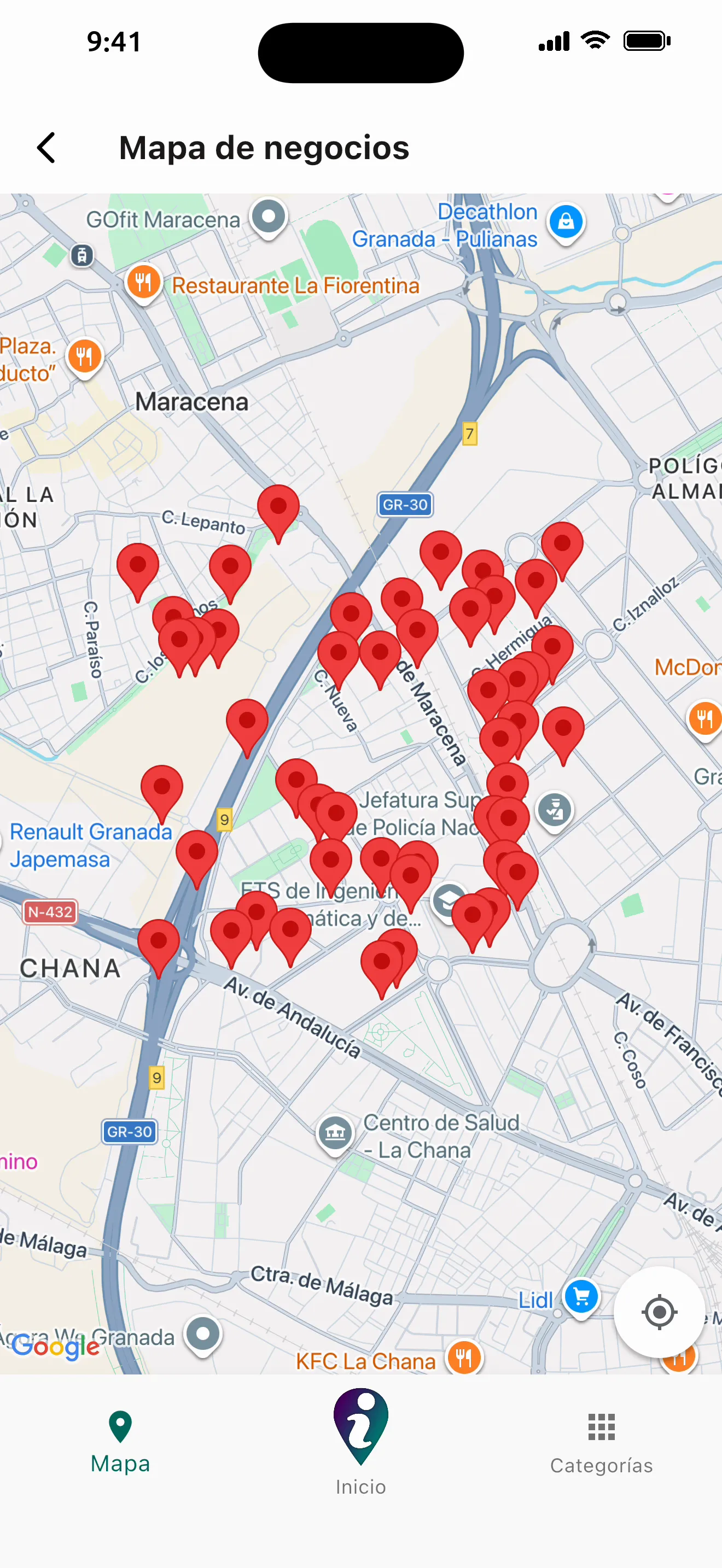 Mapa de negocios con los comercios de la red